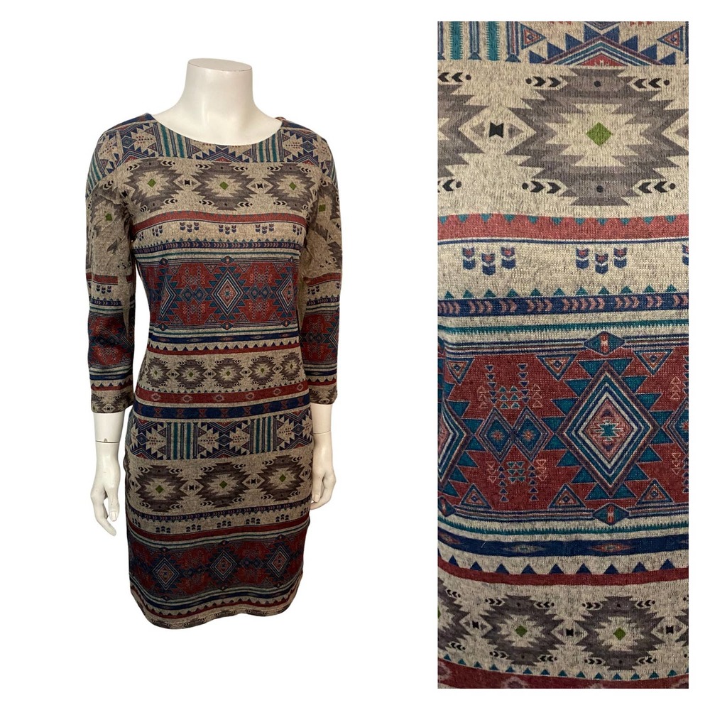 Ginger G Long Sleeve Tribal Print Knit Dress in Rust, Teal, Gray